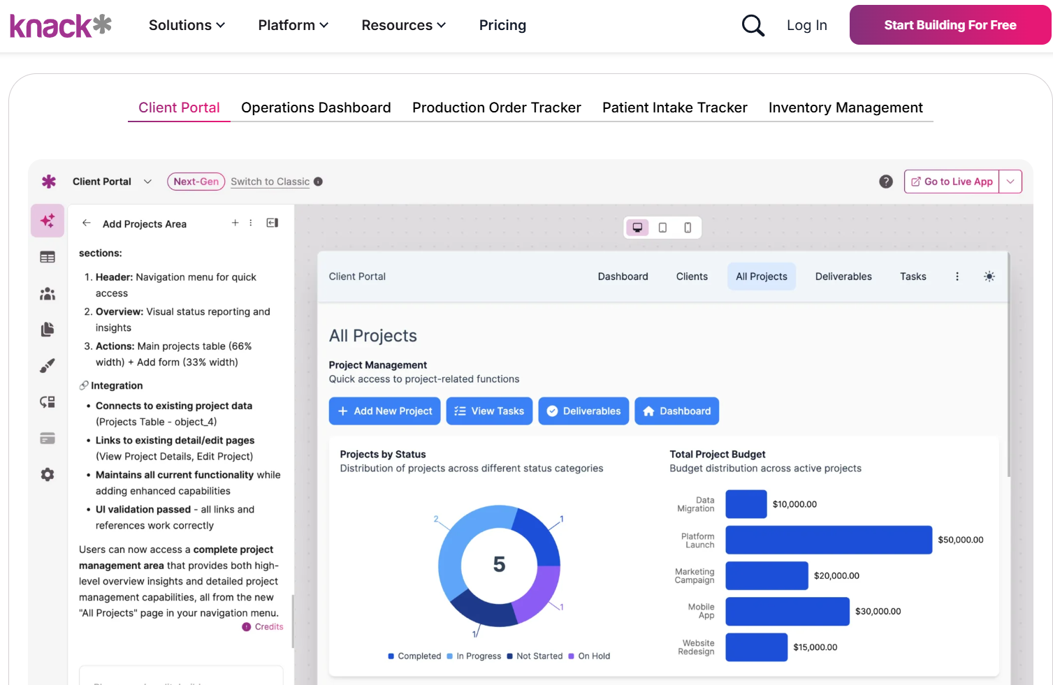 Knack homepage showing its application builder interface for a client portal, including project navigation, task controls, status visualization, budget charts, integrations, and configuration options.