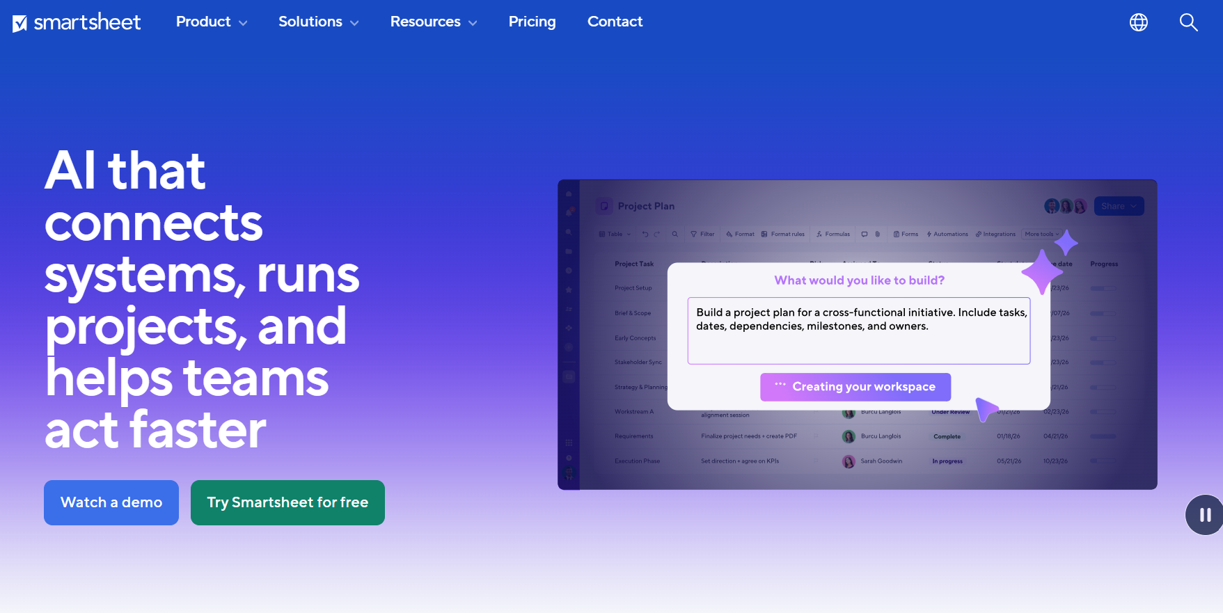 Smartsheet homepage showing AI tools that connect systems, manage projects, and build project plans with tasks, dates, dependencies, milestones, and assigned owners.