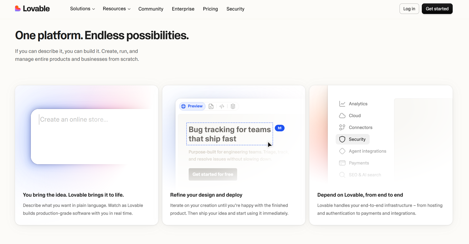 Lovable homepage showing AI app creation, visual design editing, deployment, analytics, cloud hosting, connectors, security, payments, integrations, and end-to-end infrastructure management.