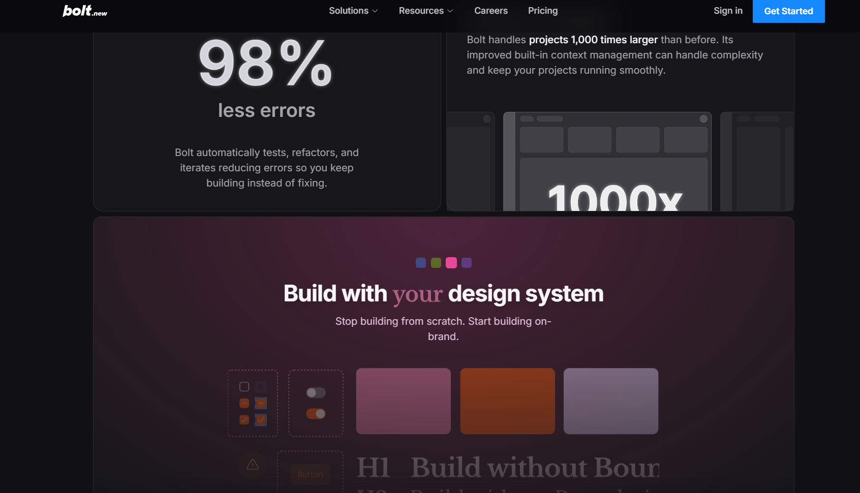 Bolt.new webpage highlighting 98% fewer errors, support for projects 1,000 times larger, and customizable design systems with colors, controls, and interface components.