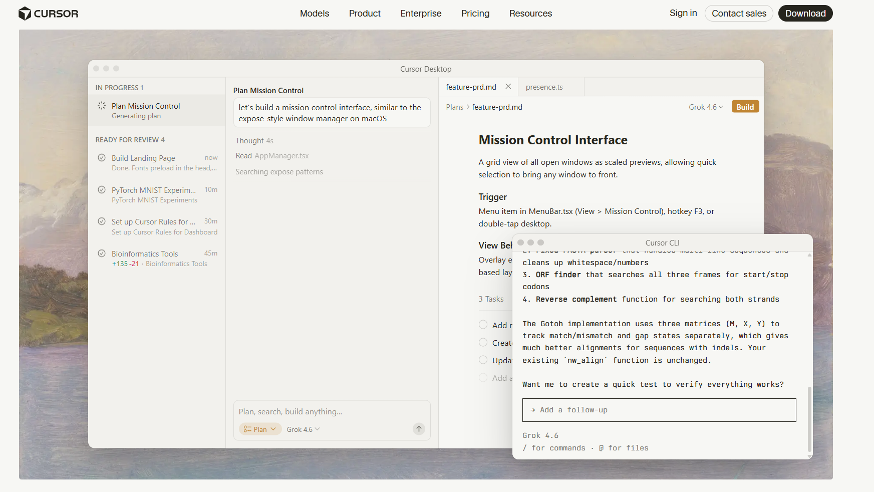 Cursor website showing its AI coding workspace, Mission Control planning interface, project tasks, model selection, and a separate Cursor CLI terminal window.