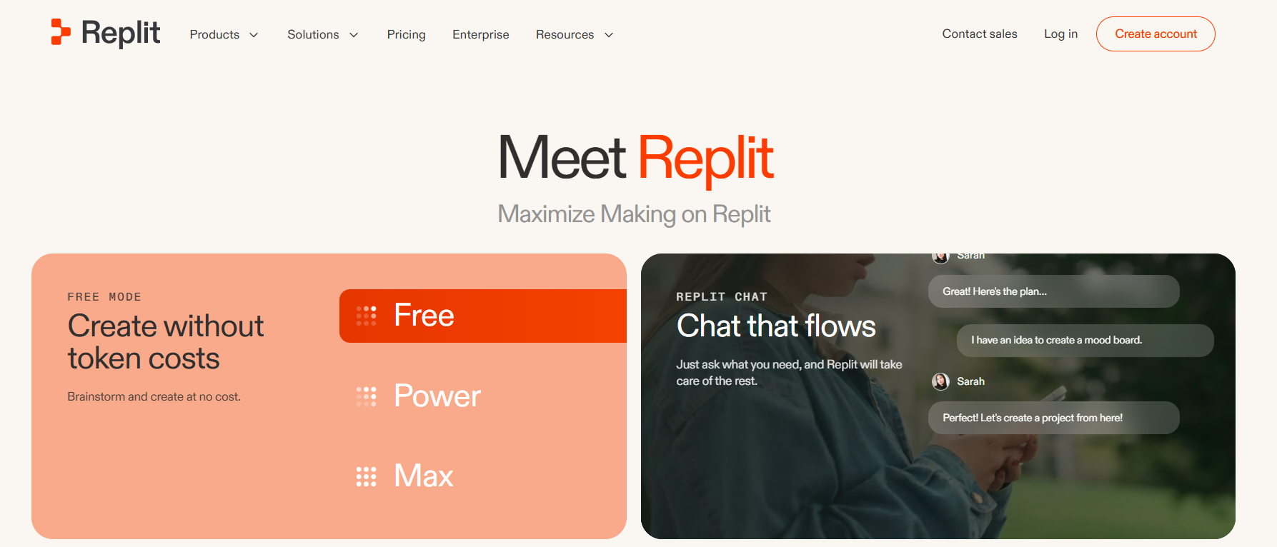 Replit homepage highlighting Free Mode for creating without token costs and Replit Chat, where users describe ideas conversationally and turn them into projects.Replit homepage highlighting Free Mode for creating without token costs and Replit Chat, where users describe ideas conversationally and turn them into projects.
