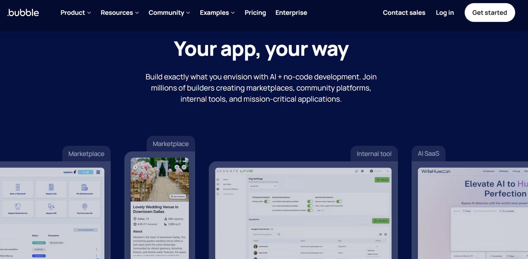 Bubble homepage promoting AI and no-code app development, with examples of marketplaces, internal tools, and AI SaaS applications displayed beneath the main headline and navigation.