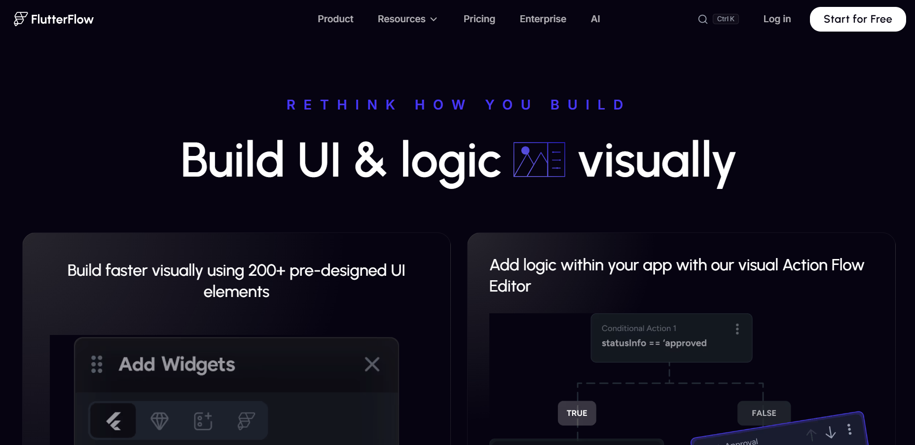 FlutterFlow homepage promoting visual app development, featuring 200-plus pre-designed UI elements and an Action Flow Editor for adding application logic through visual workflows.