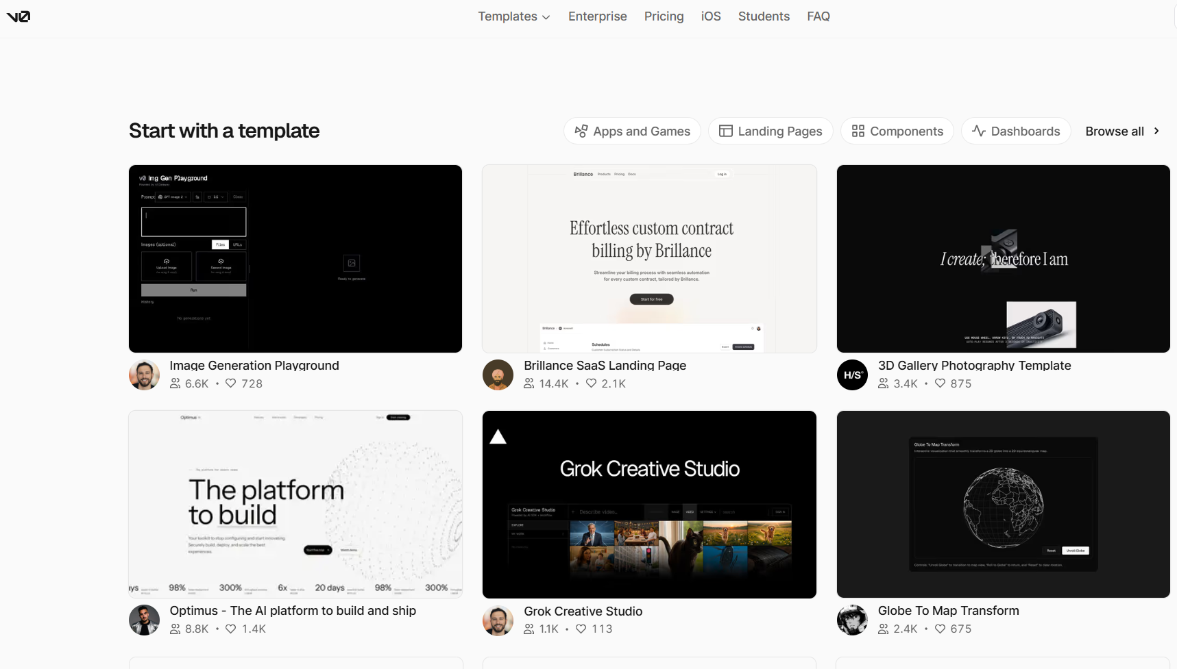 v0 template gallery displaying community-built apps, landing pages, dashboards, AI tools, creative studios, and interactive components with usage and favorite counts.