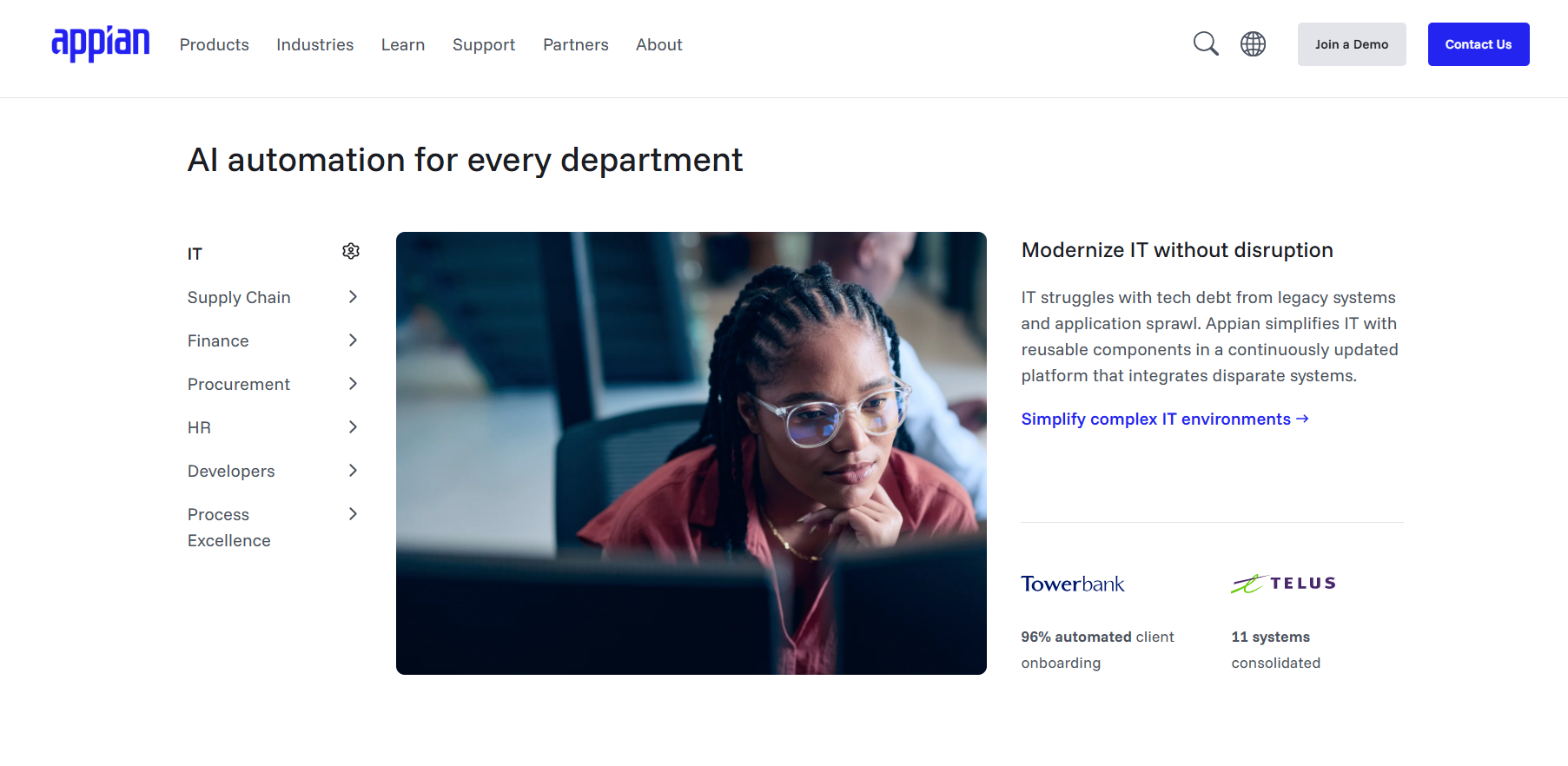 Appian webpage showcasing AI automation for departments, with IT selected, highlighting system modernization, reusable components, integrations, and customer automation and consolidation results.