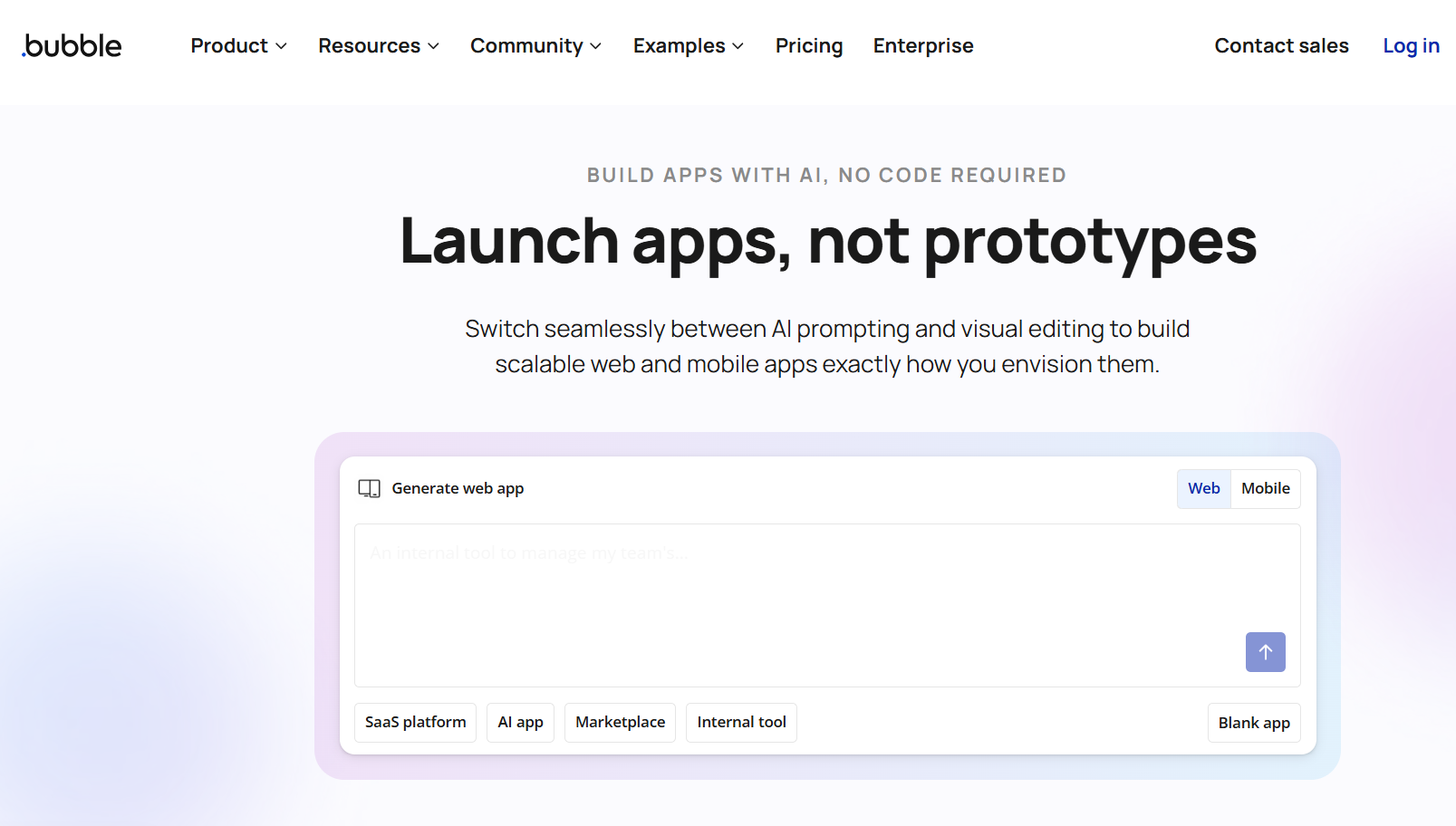 Bubble homepage showing its AI app generator, visual editing platform, web and mobile options, and templates for SaaS platforms, marketplaces, AI apps, and internal tools.