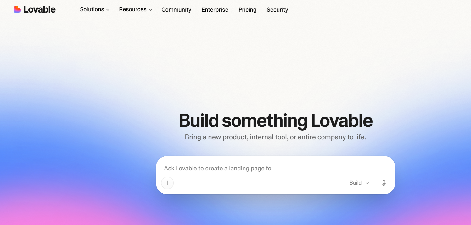 Lovable homepage featuring an AI prompt interface for building new products, internal tools, and companies, with navigation for solutions, resources, pricing, enterprise, and security.