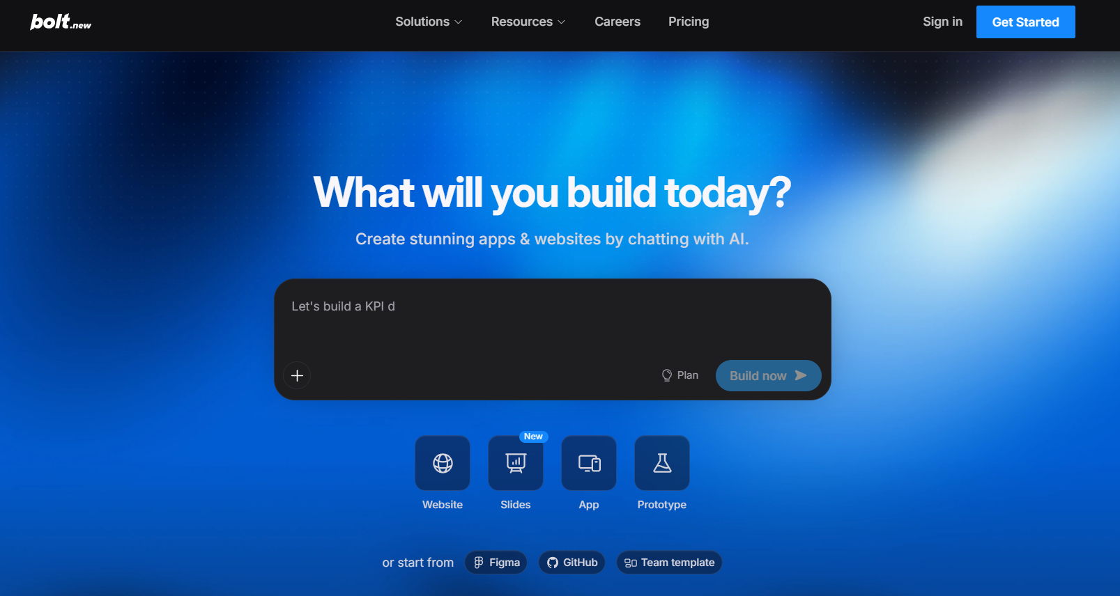 Bolt.new homepage showing its AI prompt interface for building websites, slides, apps, and prototypes, with options to start from Figma, GitHub, or templates.