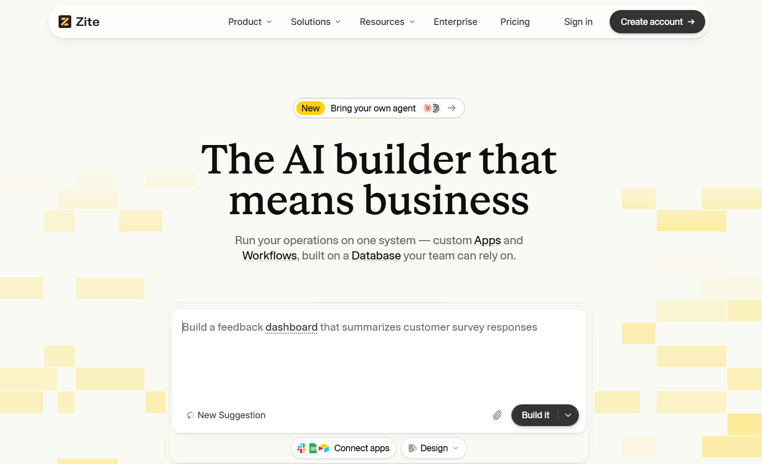 Zite homepage showing its AI builder for creating business apps, workflows, and databases, with app connections, design controls, custom agents, and prompt-based development tools.