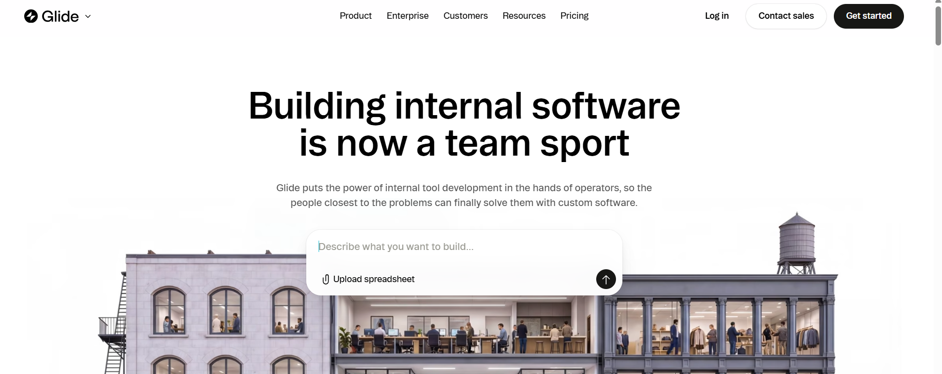 Glide homepage promoting internal software development with a prompt-based app builder, spreadsheet uploads, and tools designed to help teams create custom operational applications.