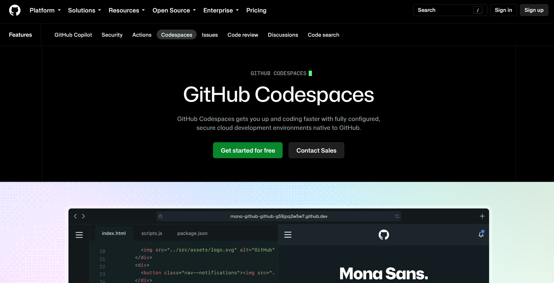 GitHub Codespaces homepage promoting secure cloud development environments native to GitHub, with browser-based coding, preconfigured workspaces, free signup, and integrated repository development tools.