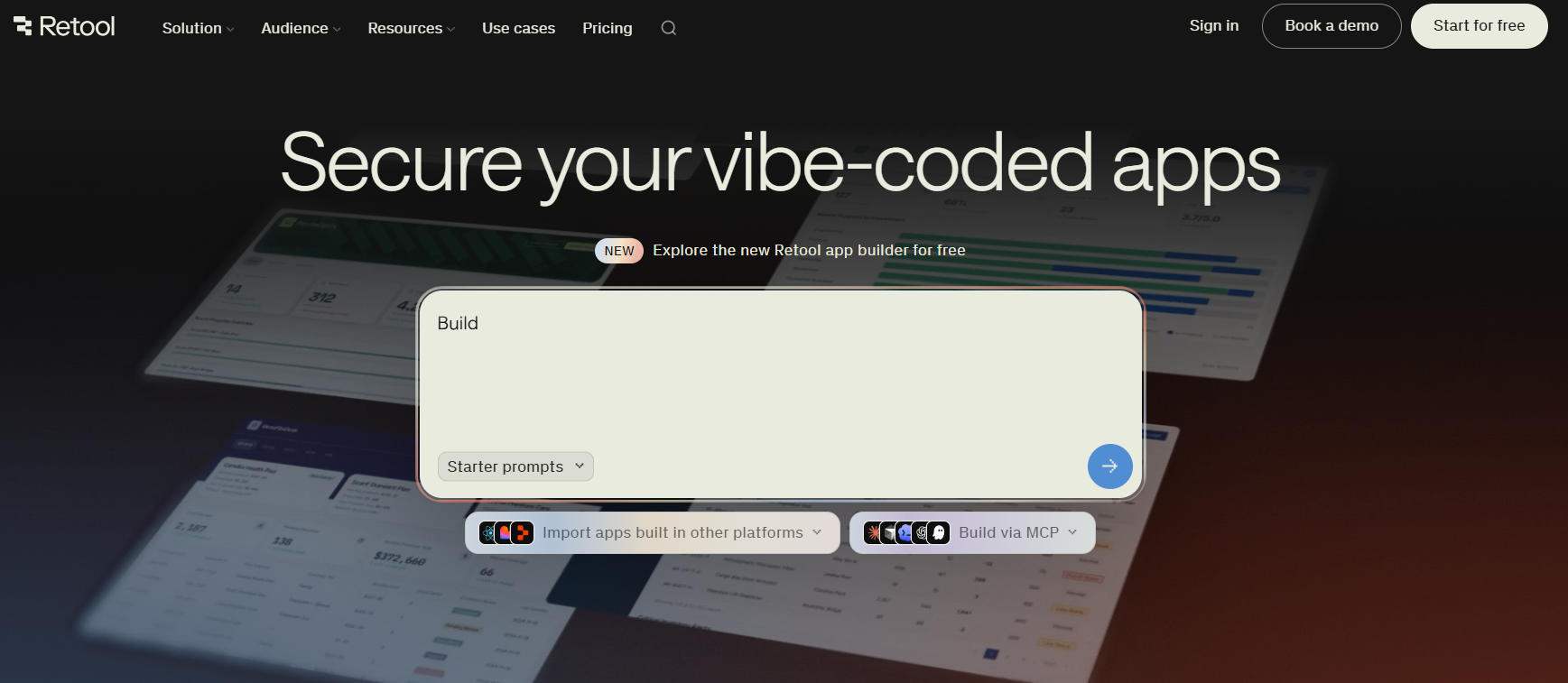 Retool homepage showing its AI app builder for creating secure business applications, with starter prompts, app imports, MCP development, dashboards, and free signup options.