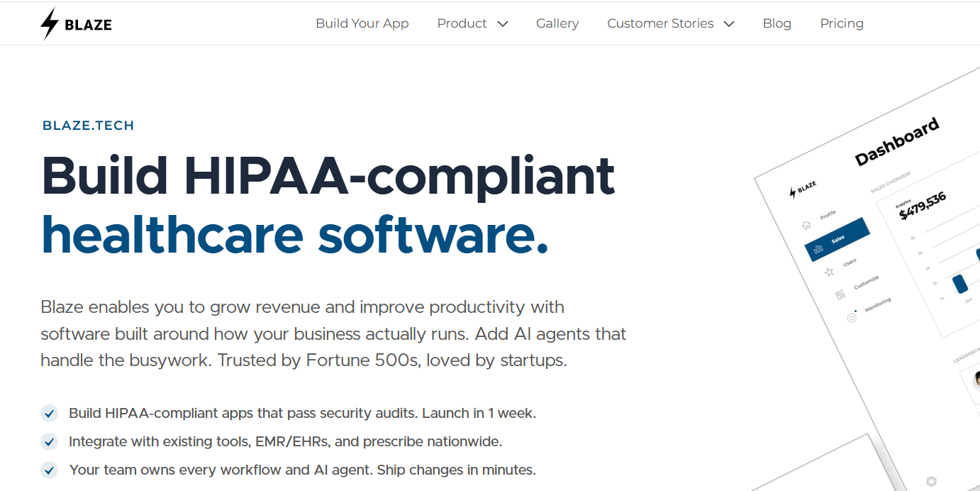 Blaze healthcare software homepage promoting HIPAA-compliant apps, EMR and EHR integrations, AI agents, security audits, and customizable workflows, alongside a dashboard interface preview.