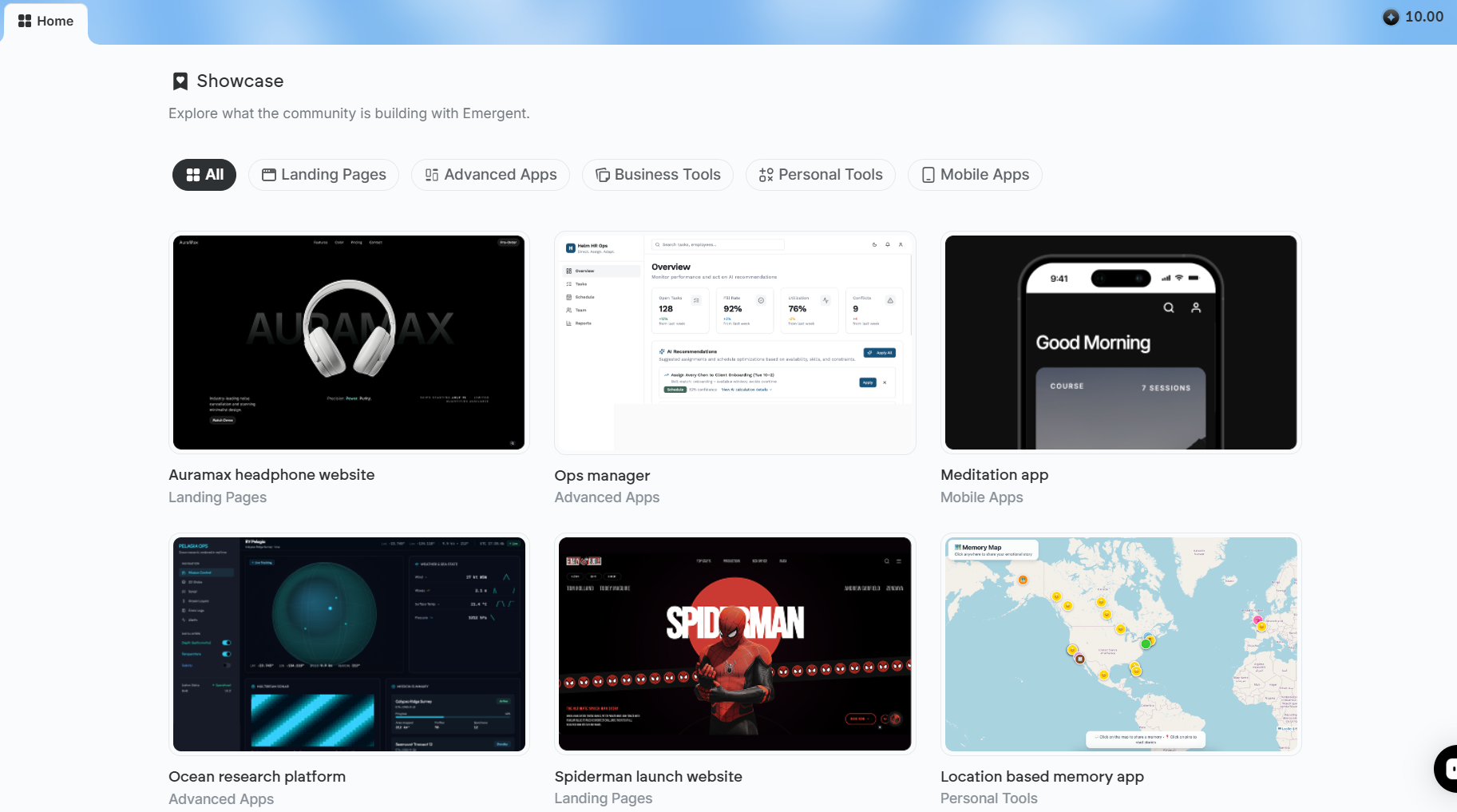 Emergent showcase displaying community-built landing pages, advanced apps, business tools, mobile apps, and personal tools, including dashboards, websites, research platforms, and mapping applications.