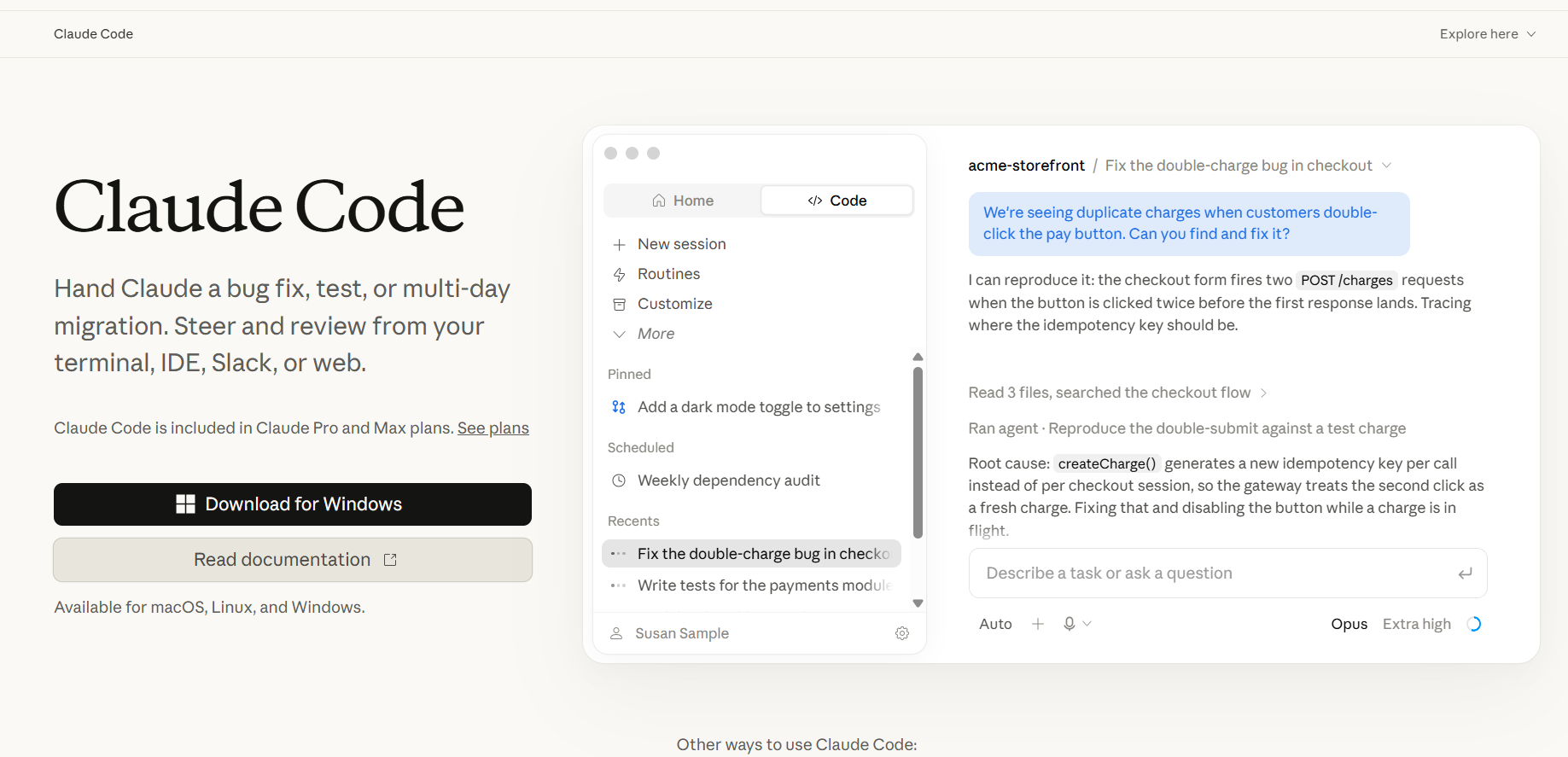 Claude Code website showing an AI coding agent handling bug fixes, tests, scheduled tasks, and migrations, with access through terminal, IDE, Slack, and web.