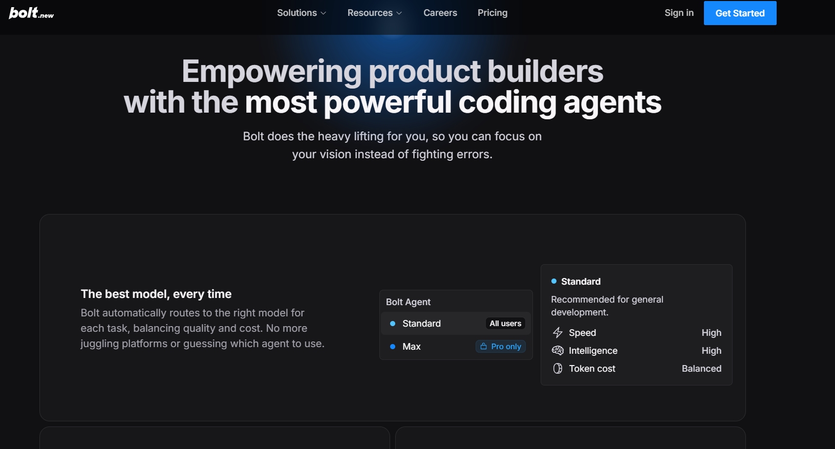 Bolt.new website presenting AI coding agents for product builders, with Standard and Max agent modes and automatic model selection based on speed, intelligence, and cost.