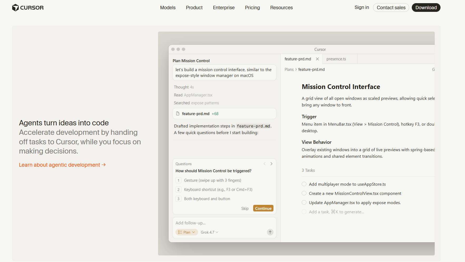 Cursor website showing its AI coding agent planning a Mission Control interface, asking development questions, editing project files, and organizing implementation tasks for developers.