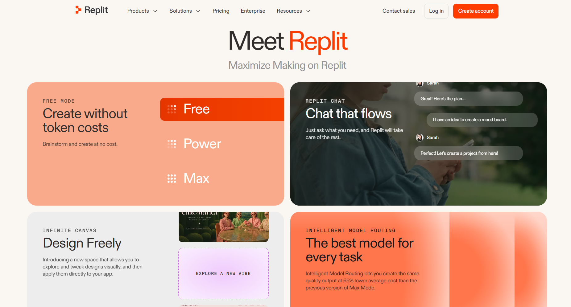 Replit website highlighting Free, Power, and Max modes, conversational AI chat, visual design tools, and intelligent model routing for building and developing software projects.