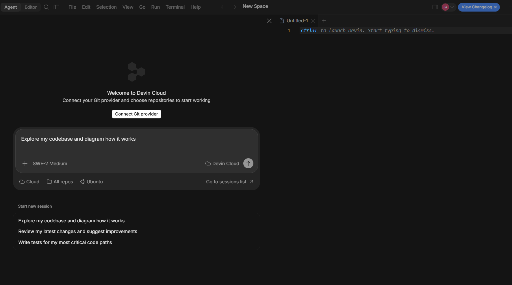 Devin Desktop interface showing Devin Cloud session controls, Git provider connection, coding prompts, repository options, and integrated editor for managing AI development workflows.