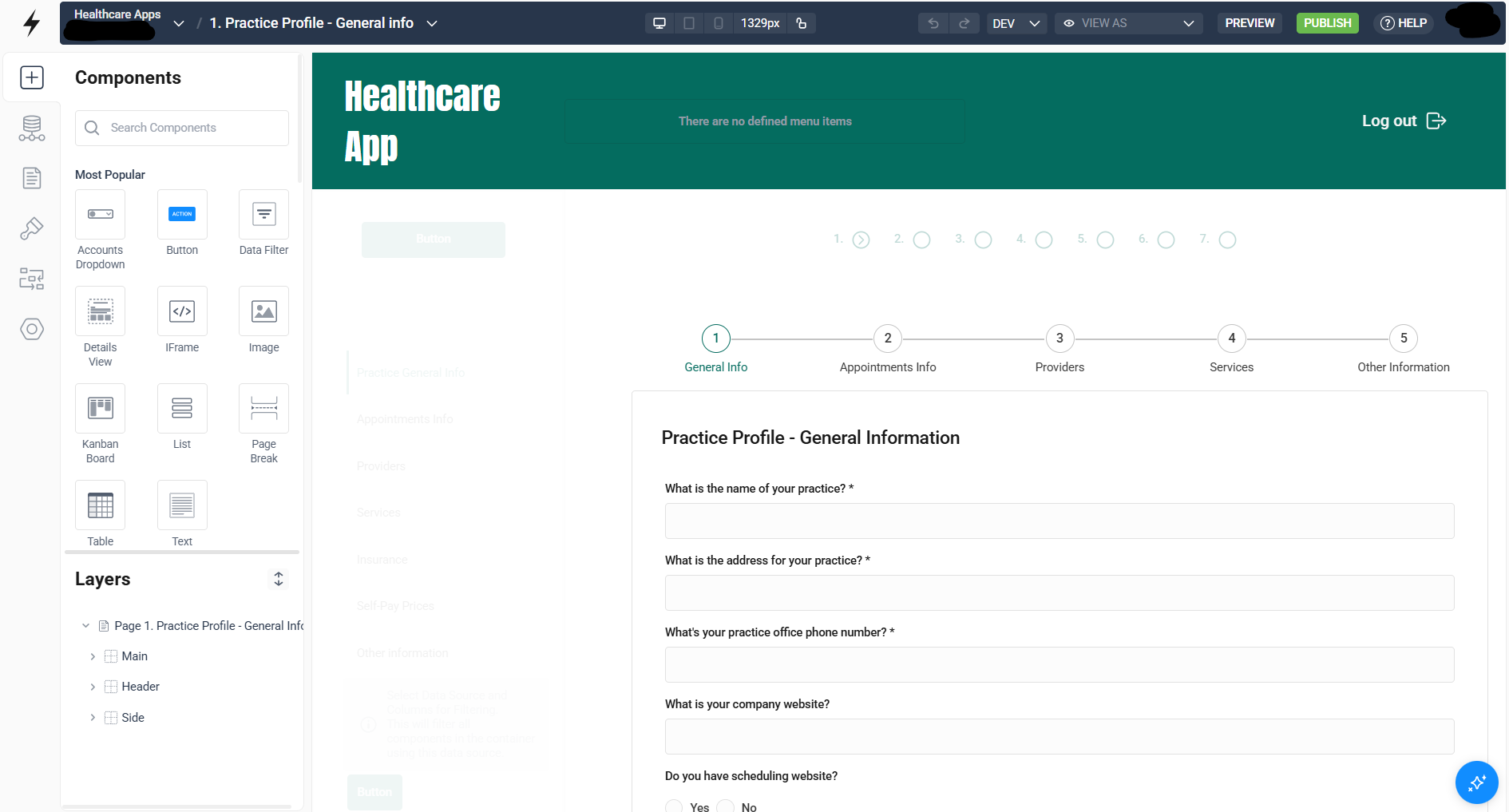 Blaze healthcare app builder showing a practice profile form, multi-step navigation, drag-and-drop components, page layers, development controls, preview, and publishing options for users.