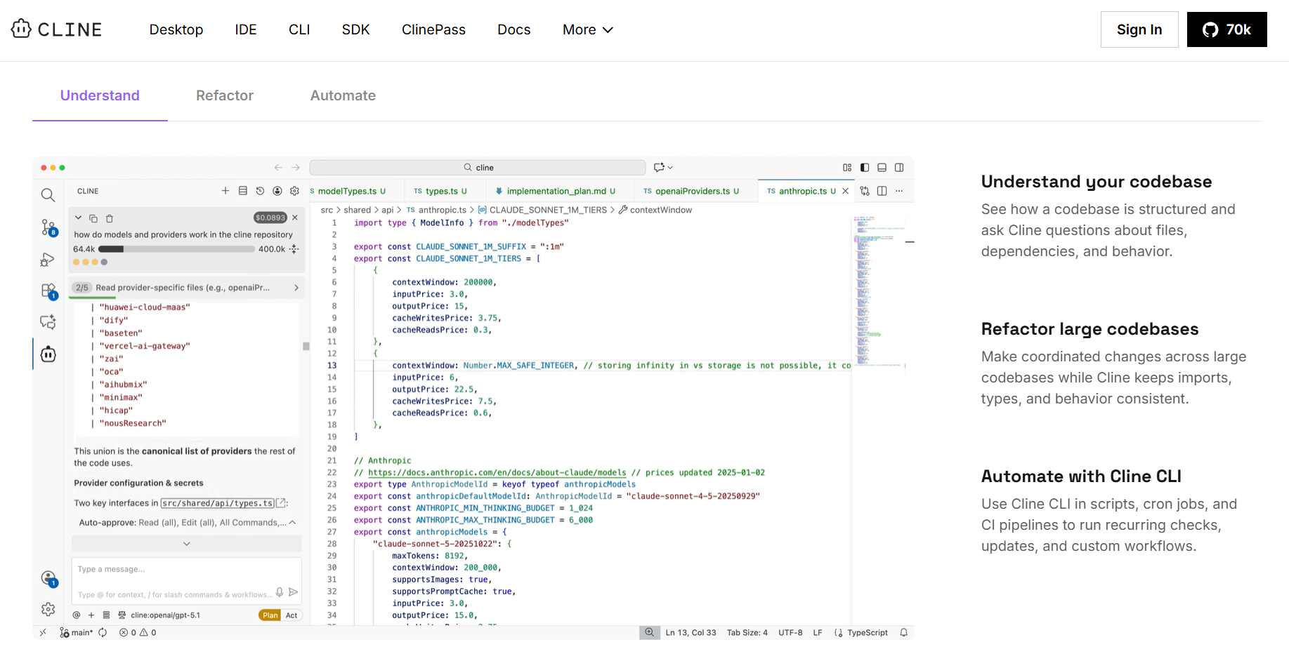 Cline website showing its AI coding assistant inside VS Code, with features for understanding codebases, coordinating large refactors, and automating development workflows through CLI.