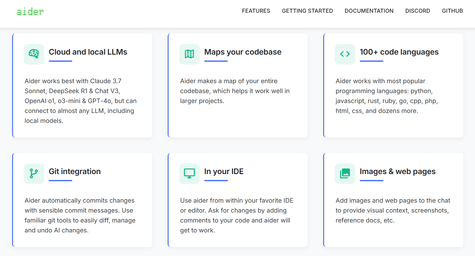 Aider website highlights support for cloud and local LLMs, codebase mapping, over 100 programming languages, Git integration, IDE use, images, and web pages.