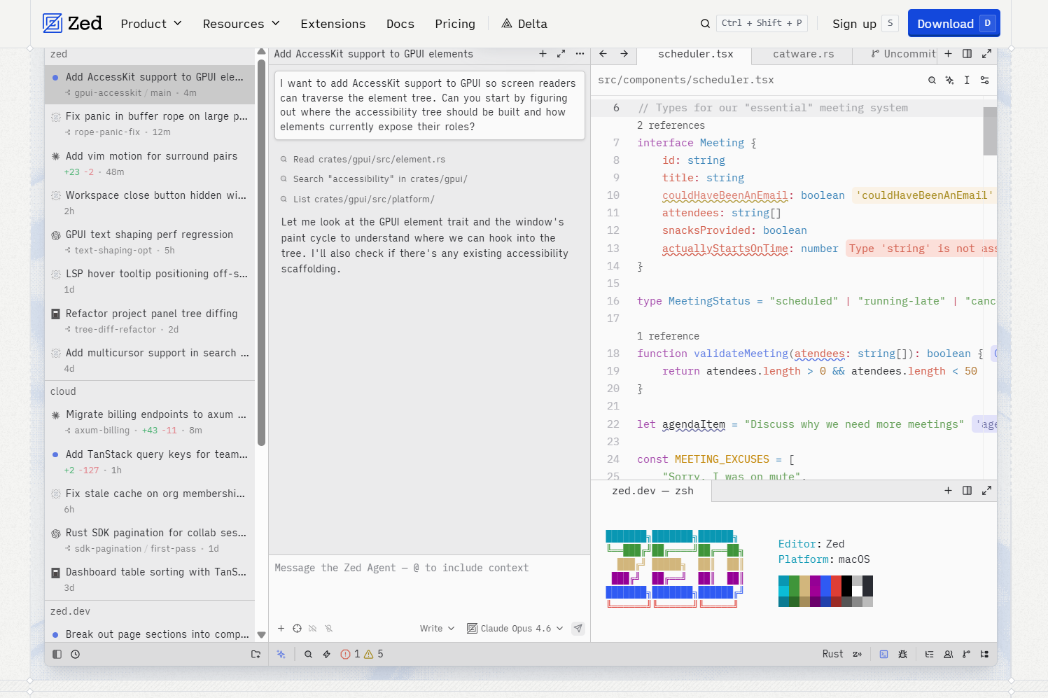 Zed editor interface showing project tasks, an AI agent exploring code, TypeScript editing with error detection, integrated terminal, model selection, and development controls.