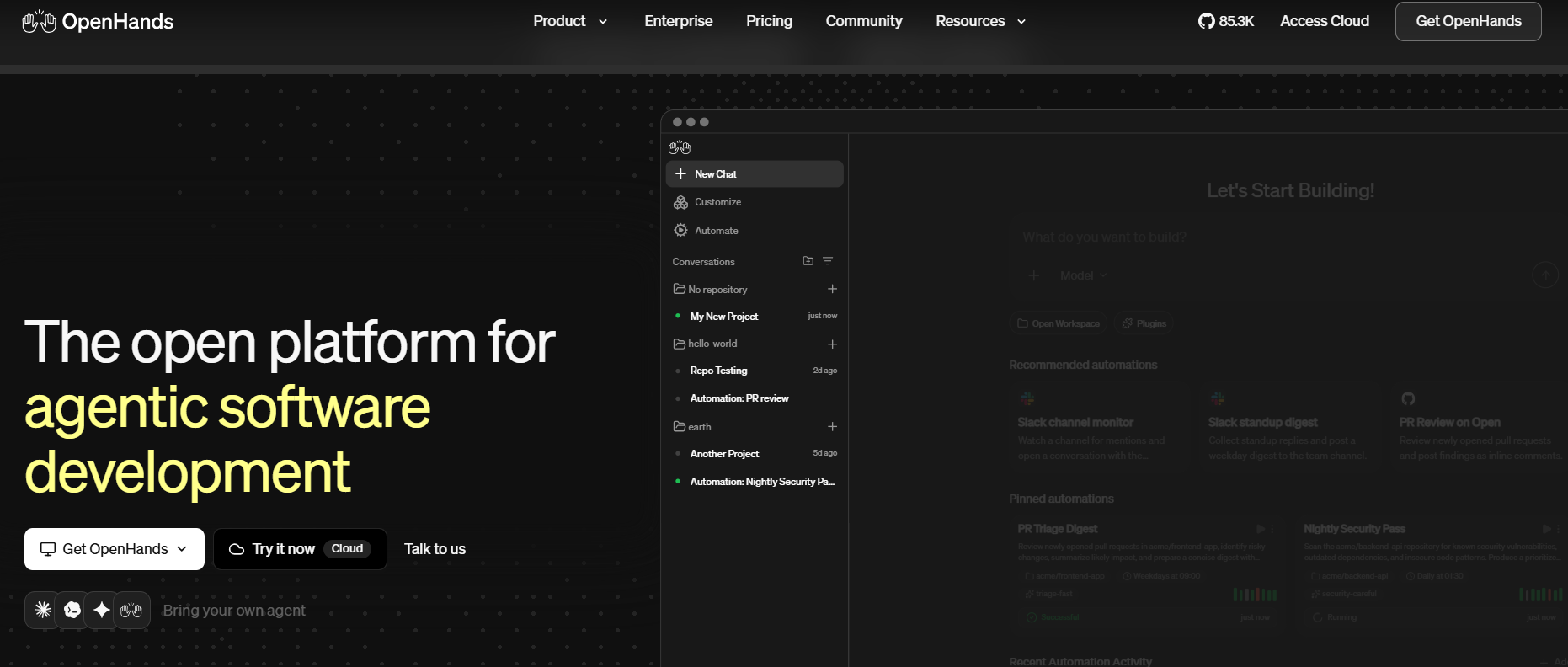 OpenHands website promoting an open platform for agentic software development, with options for cloud access, local deployment, repository projects, automations, customization, and AI agents.