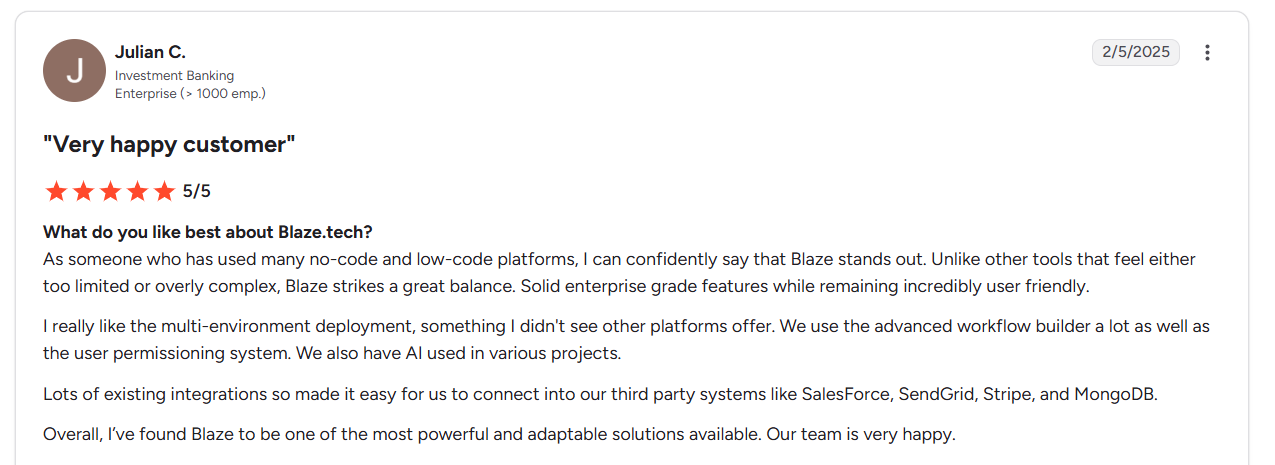 Five-star Blaze.tech review highlights enterprise features, multi-environment deployment, advanced workflows, user permissions, AI capabilities, and integrations with Salesforce, SendGrid, Stripe, and MongoDB.