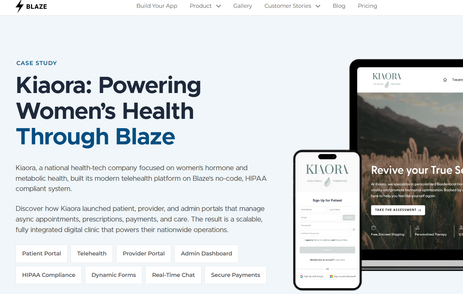 Blaze case study shows Kiaora’s white label telehealth platform across desktop and mobile, featuring patient portals, provider tools, HIPAA compliance, payments, and chat.