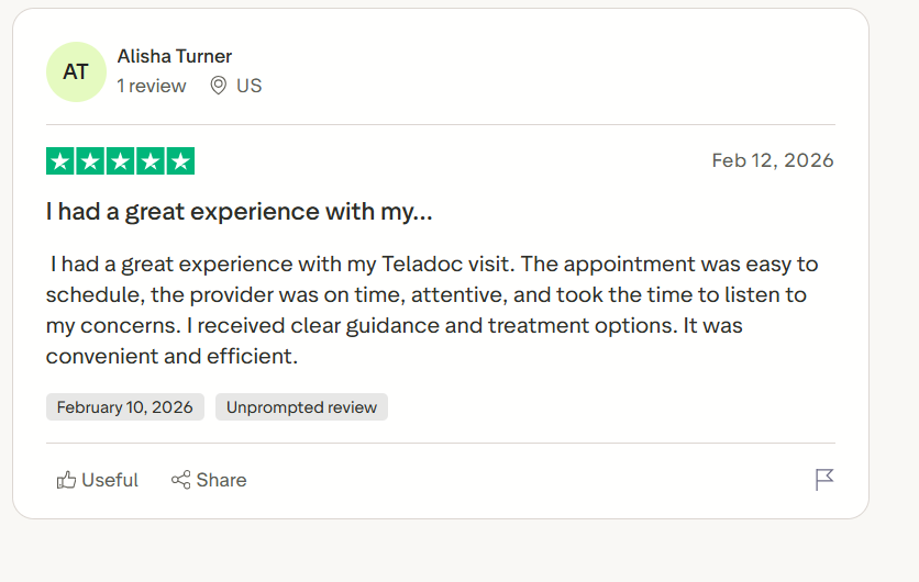 Five-star Teladoc review praises easy appointment scheduling, an attentive and punctual provider, clear treatment guidance, and a convenient, efficient telehealth experience.