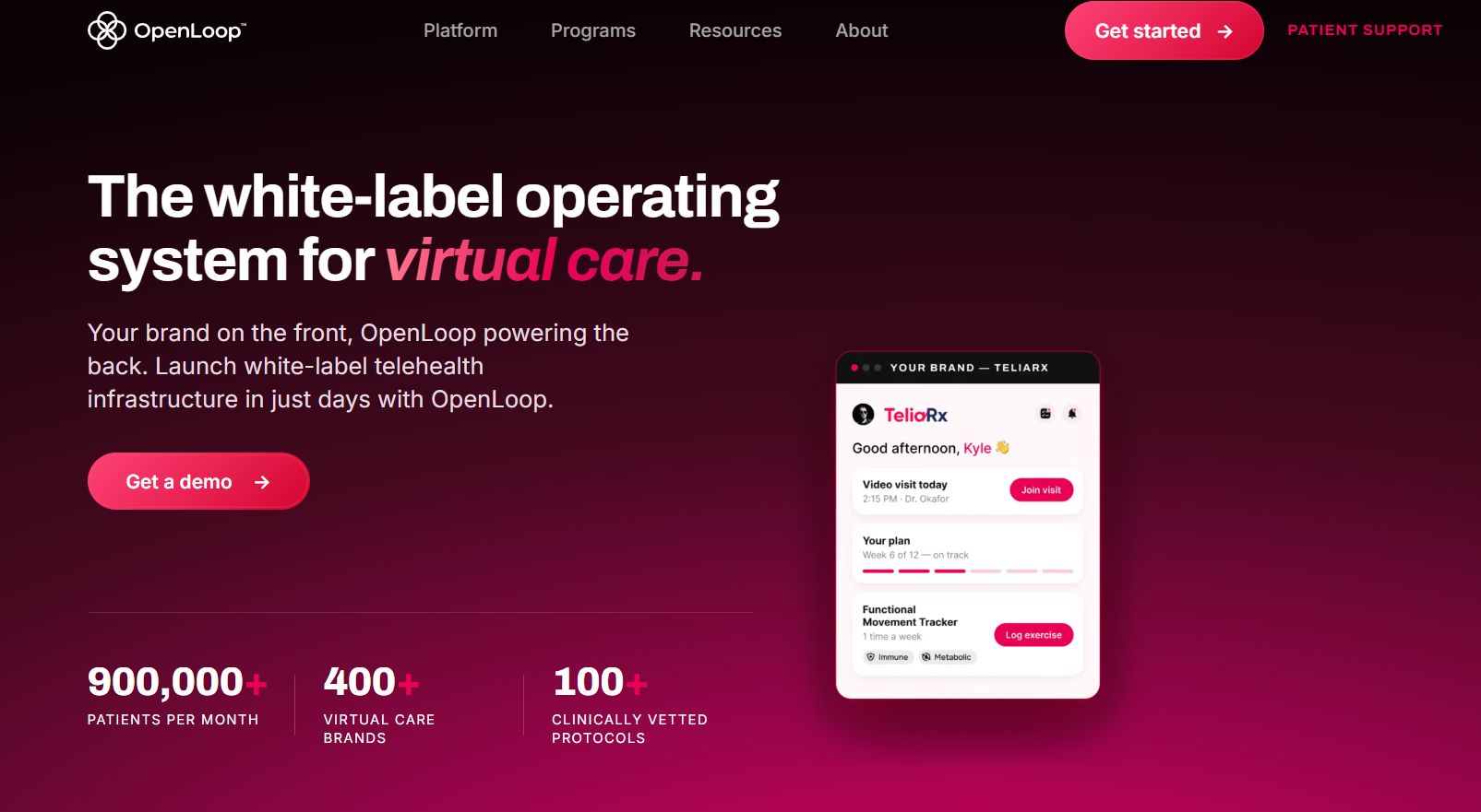 OpenLoop homepage promotes its white-label virtual care operating system, highlighting rapid telehealth launches, 900,000 monthly patients, 400 brands, and 100 clinically vetted protocols.
