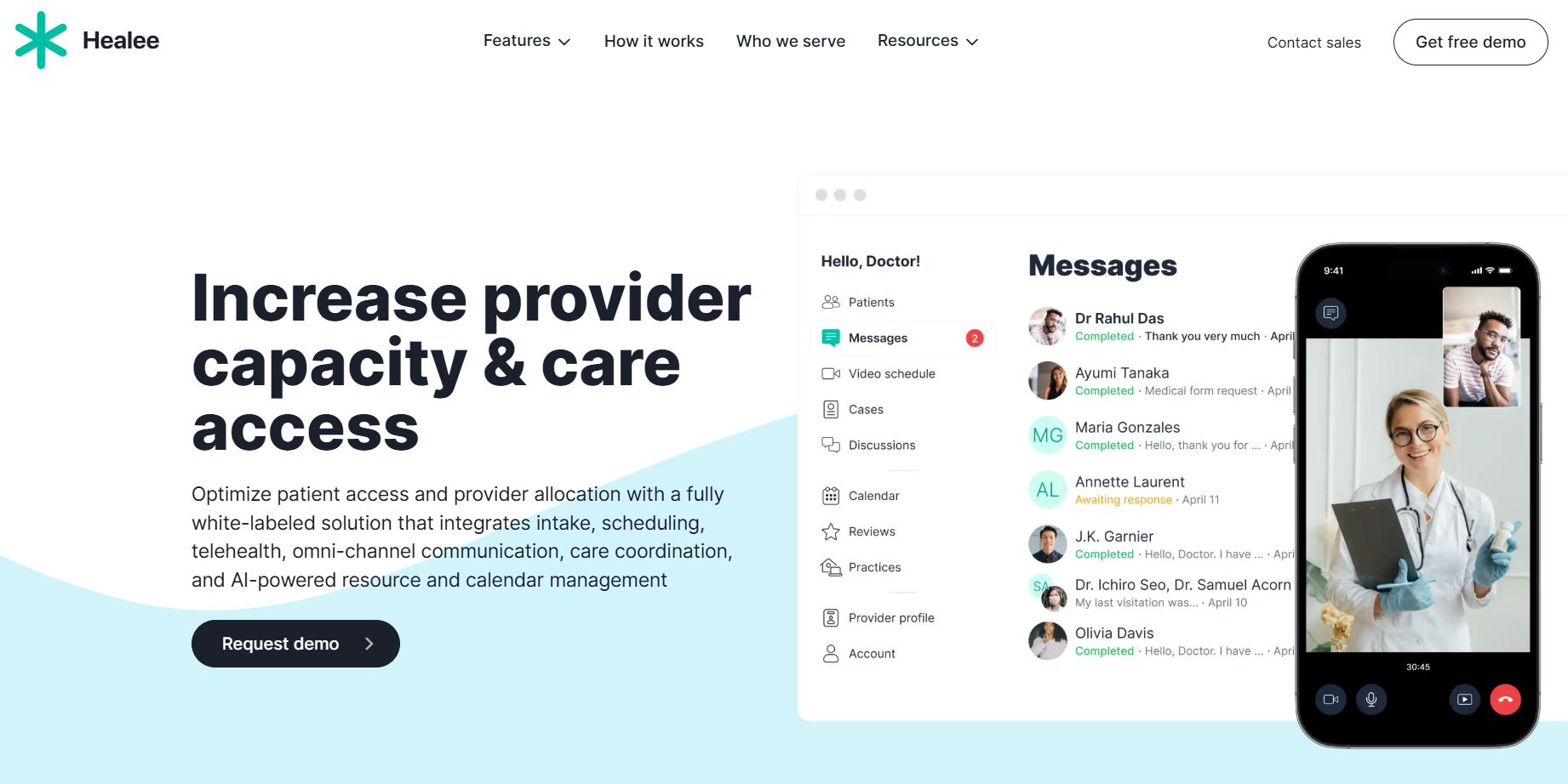 Healee white-label telehealth platform combines patient intake, scheduling, messaging, care coordination, video consultations, and AI-powered resource management to increase provider capacity and care access.