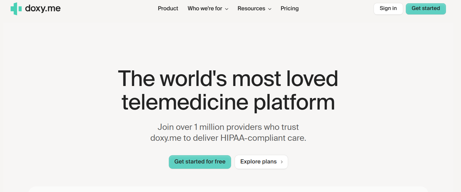 Doxy.me homepage promotes HIPAA-compliant telemedicine, highlighting more than one million providers, free access, paid plans, and a simple platform for delivering virtual care.