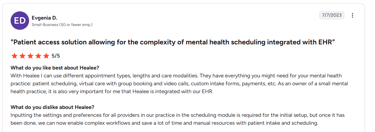Healee review notes time-consuming initial provider setup but says configured scheduling workflows reduce manual work for patient intake and appointment management.