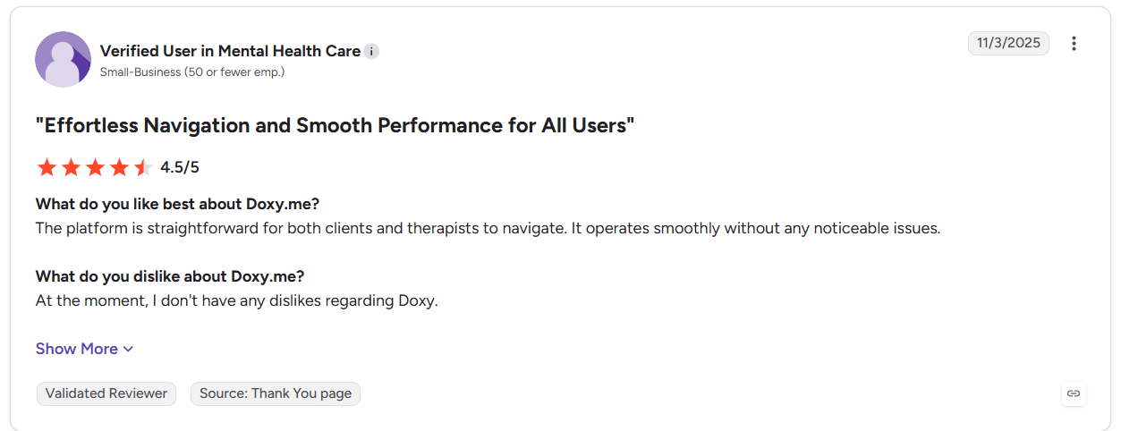 Positive Doxy.me review praises straightforward navigation for clients and therapists, smooth platform performance, and an easy telehealth experience without noticeable technical issues.