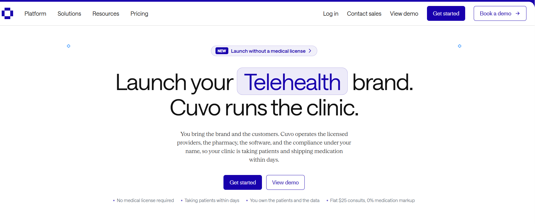 Cuvo Health homepage promotes fully managed telehealth brands, handling licensed providers, pharmacy services, software, and compliance while enabling clinics to begin serving patients within days.