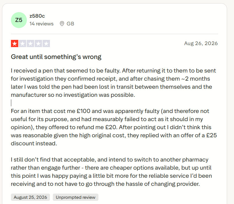 One-star review reports a faulty medication pen, lost return during investigation, lengthy support delays, inadequate compensation, and plans to switch to another pharmacy.