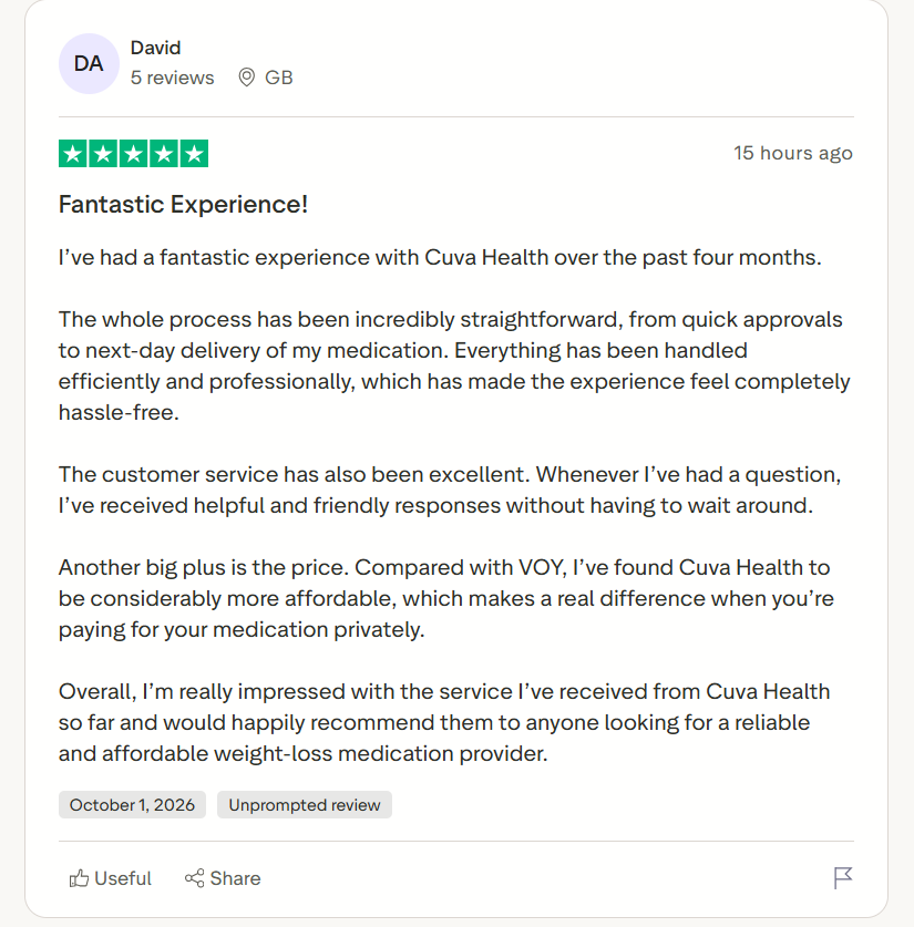 Five-star Cuva Health review praises quick approvals, next-day medication delivery, responsive customer service, straightforward service, and affordable pricing for privately purchased weight-loss medication.
