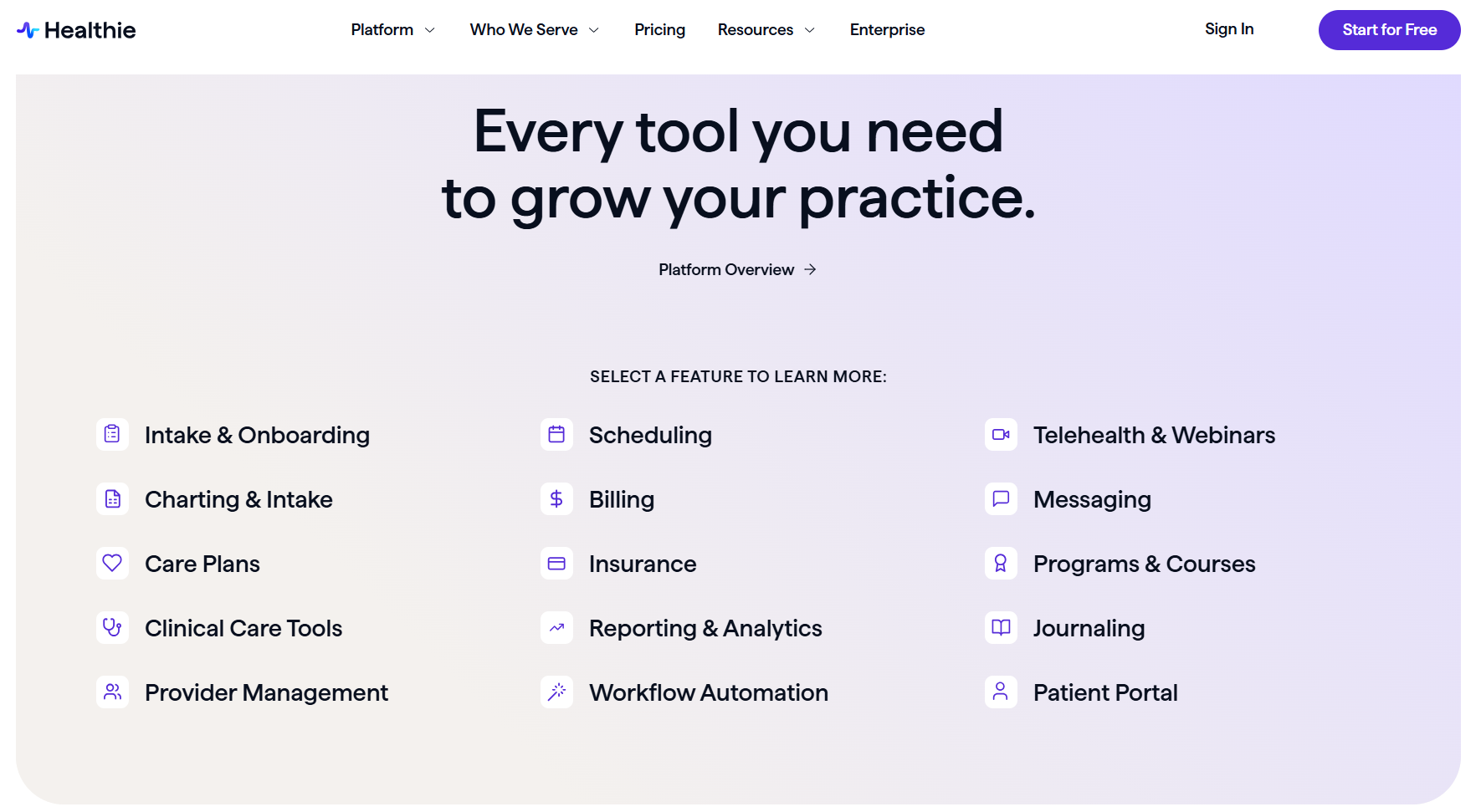 Healthie platform overview highlights practice management tools including intake, scheduling, billing, telehealth, messaging, care plans, analytics, workflow automation, provider management, and patient portals.