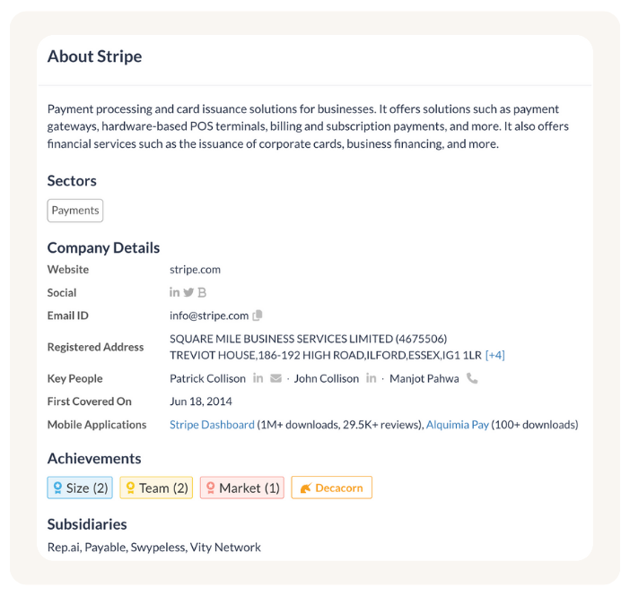 An About section for Stripe. It provides a brief description of the company's payment processing services, key contact information, and a list of achievements and subsidiaries.