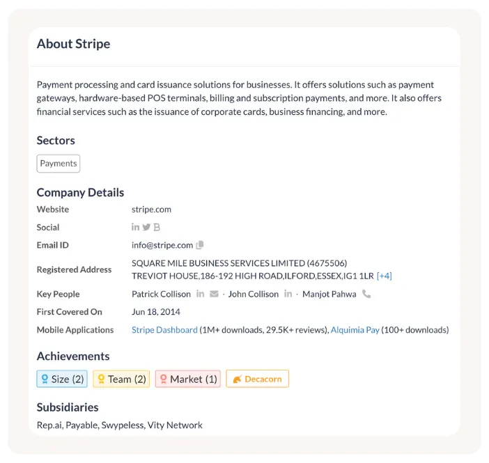An About section for Stripe. It provides a brief description of the company's payment processing services, key contact information, and a list of achievements and subsidiaries.