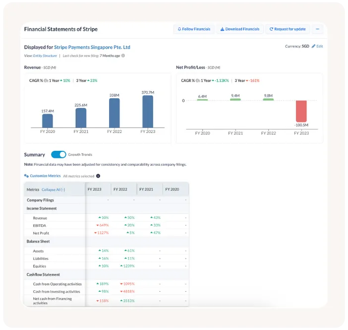 A financial summary page, showing a company's key financial statements. The page includes data for Total Revenue, Net Income, and EBITDA from 2021 to 2024, displayed in a table format.