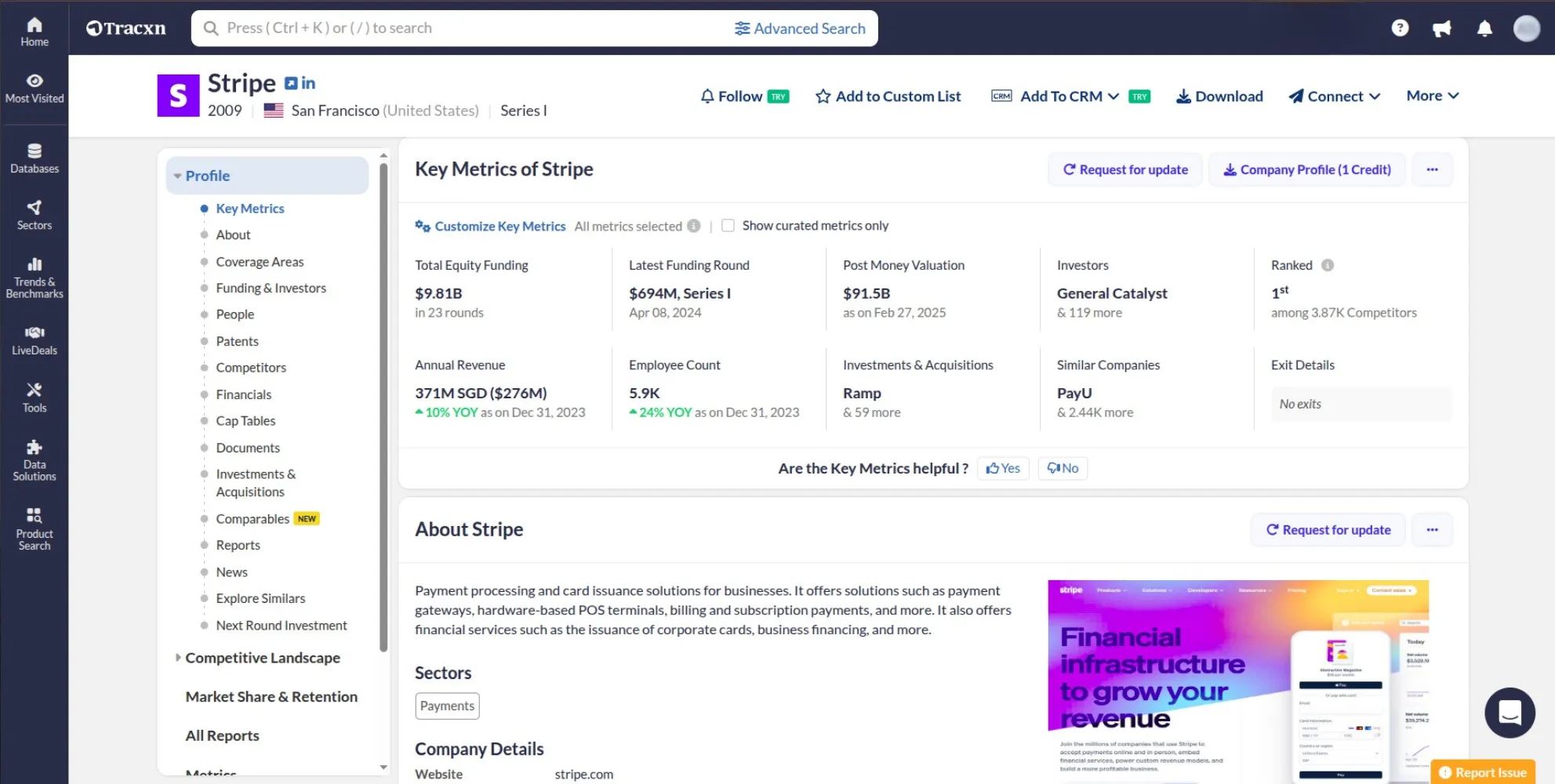 A company profile page for Stripe. It provides a brief description of the company's payment processing services, key contact information, and a list of achievements and subsidiaries.