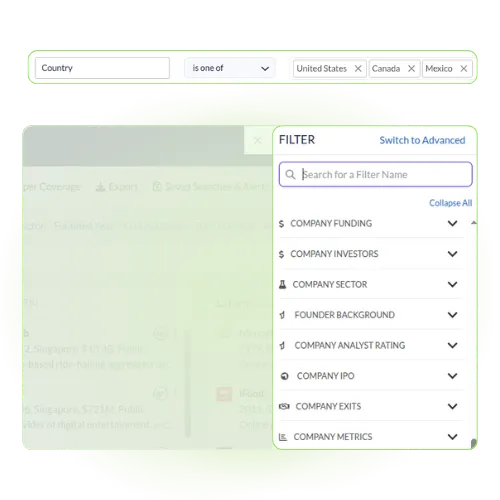 Snapshot of available filters to refine the list of companies.