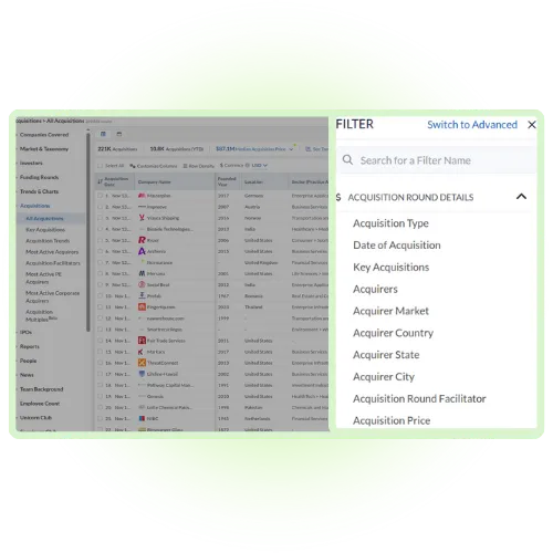 Snapshot of available filters to refine the list of companies.