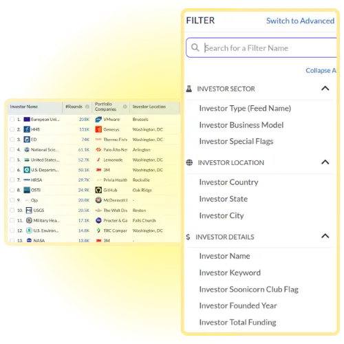 Snapshot of available filters to refine the list of companies.
