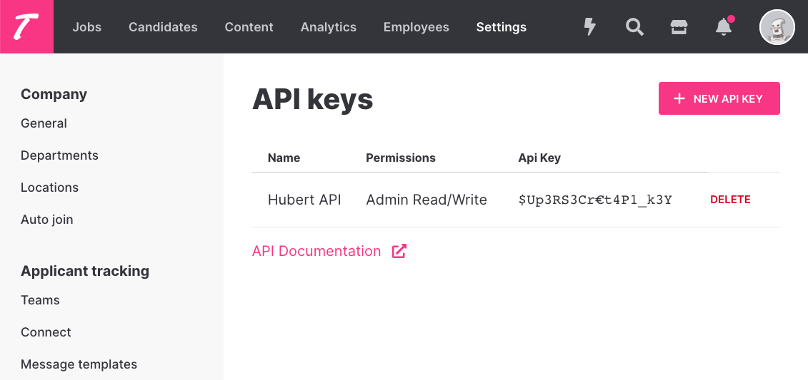 Dashboard interface showing API keys settings with one API key named Hubert API having Admin Read/Write permissions and option to delete it, plus a button to create a new API key.