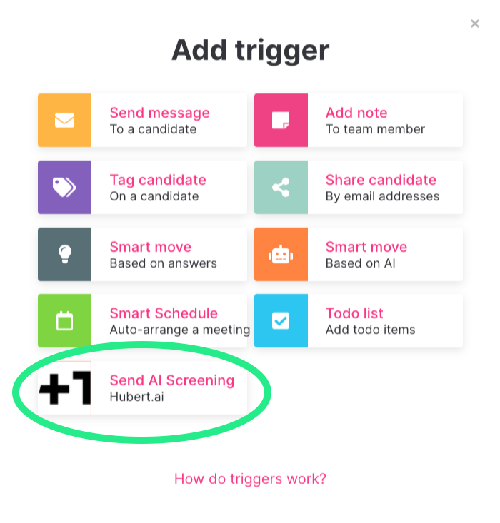 Dialog titled 'Add trigger' with options including Send message, Add note, Tag candidate, Share candidate, Smart move based on answers, Smart move based on AI, Smart Schedule, Todo list, and Send AI Screening by Hubert.ai highlighted with a green oval.